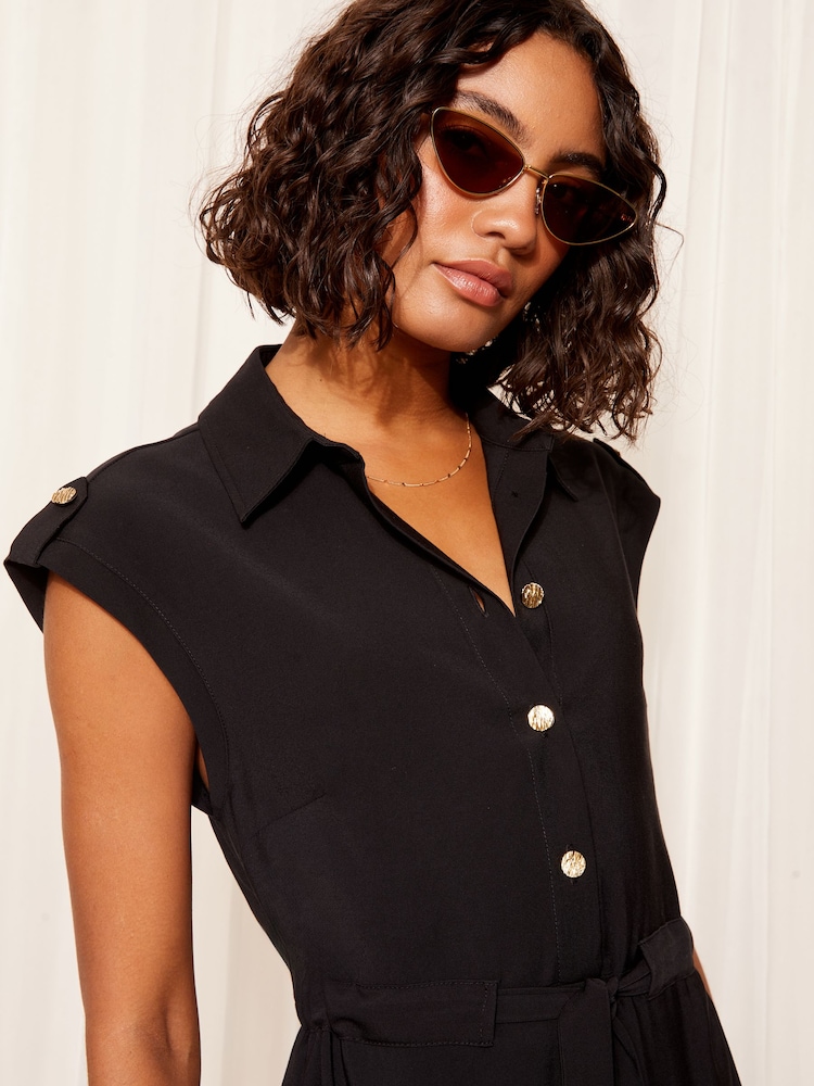 Friends Like These Black Short Sleeve Button Detail Utility Dress - Image 2 of 4