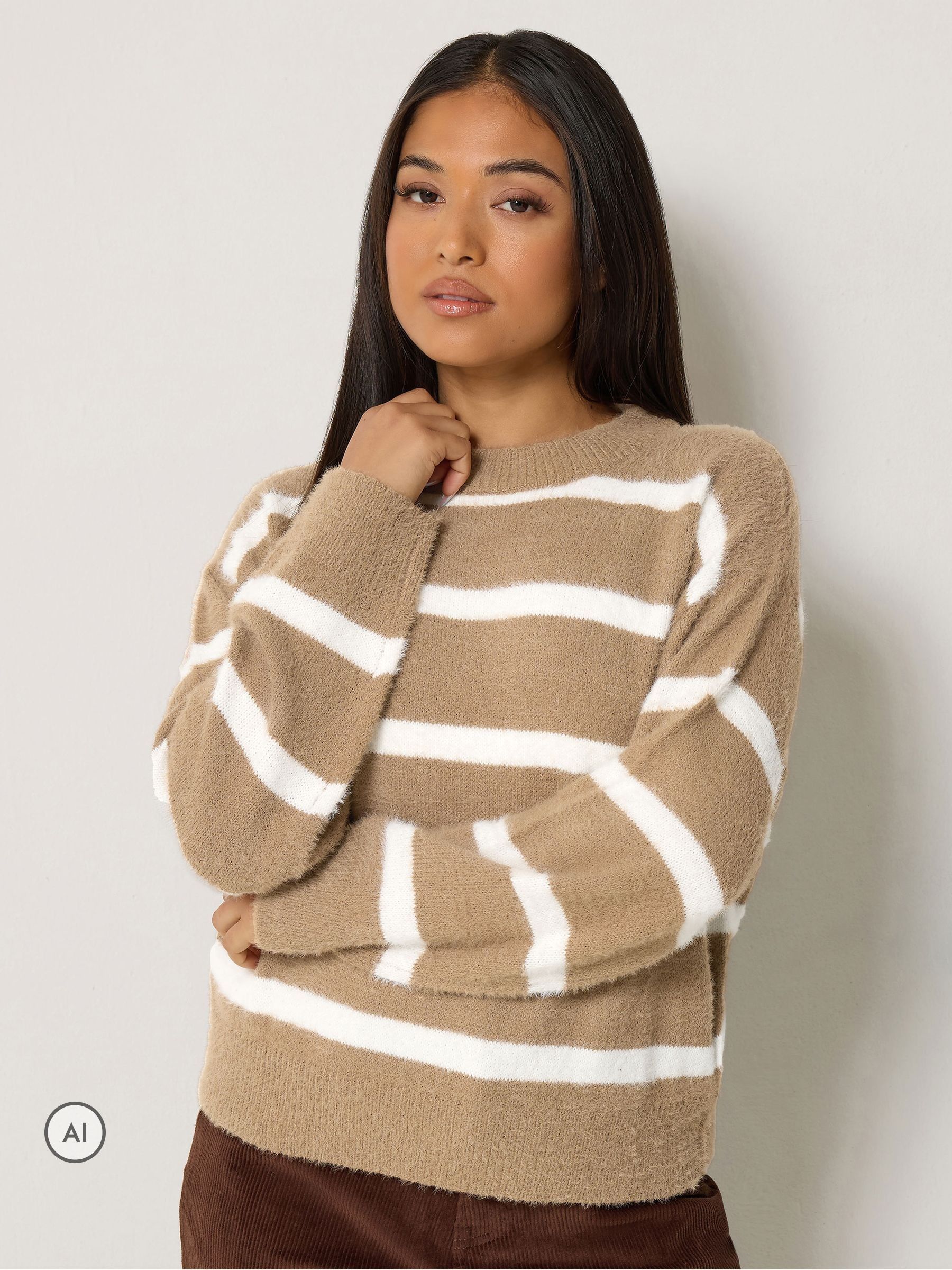 M&Co Women's Light Brown Petite Fluffy Stripe Jumper In | : 8/10 - Image 1