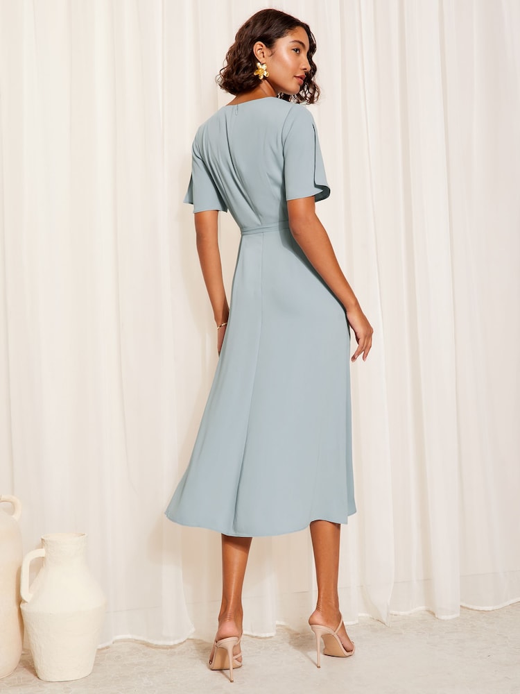 Friends Like These Navy Blue Short Tulip Sleeve Ruched Body Midi Dress - Image 4 of 4 Friends Like These Navy Blue Short Tulip Sleeve Ruched Body Midi Dress - Image 4 of 4