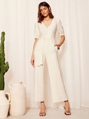 Friends Like These Cream Petite Puff Sleeve Zip Front Tie Waist Jumpsuit - Image 3 of 4