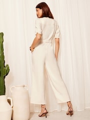 Friends Like These Cream Petite Puff Sleeve Zip Front Tie Waist Jumpsuit - Image 4 of 4