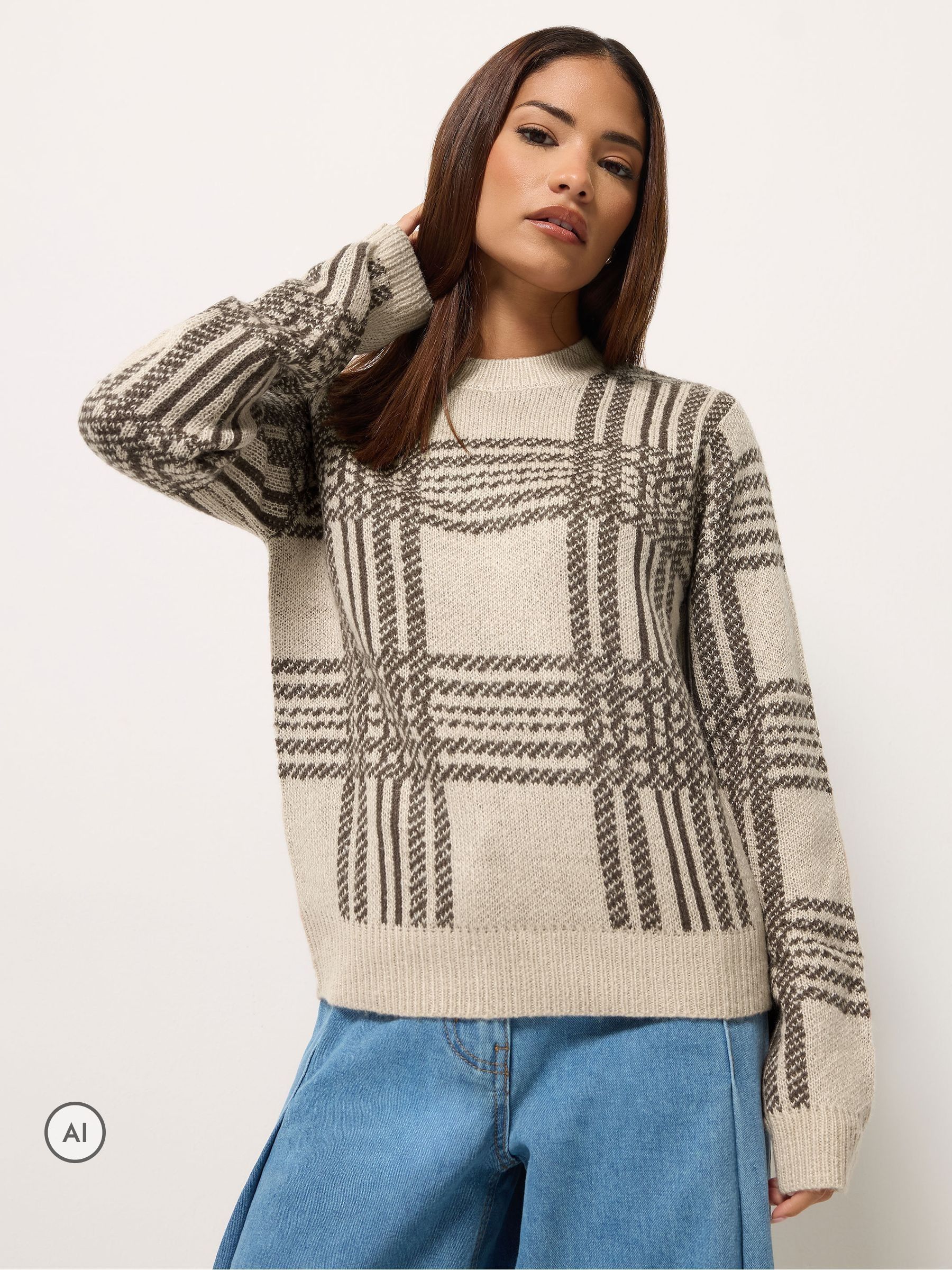 Pixiegirl Petite Women's Natural Check Knitted Jumper - Image 1