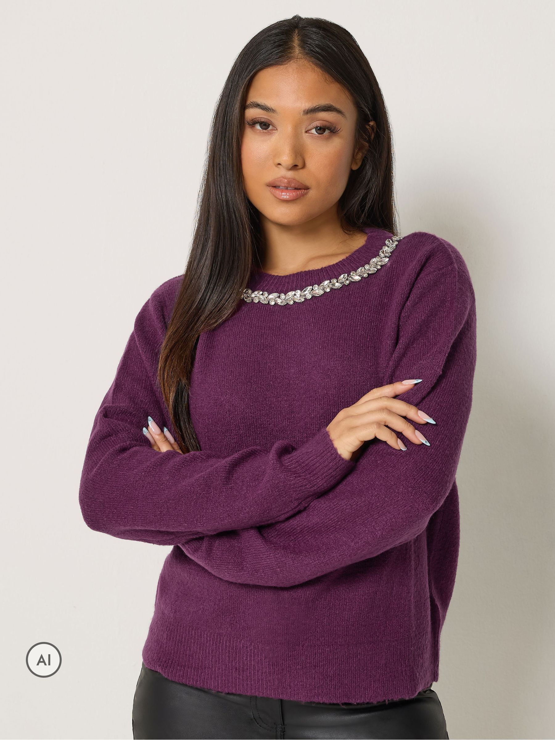 M & Co Women's Purple Petite Diamond Trim Jumper