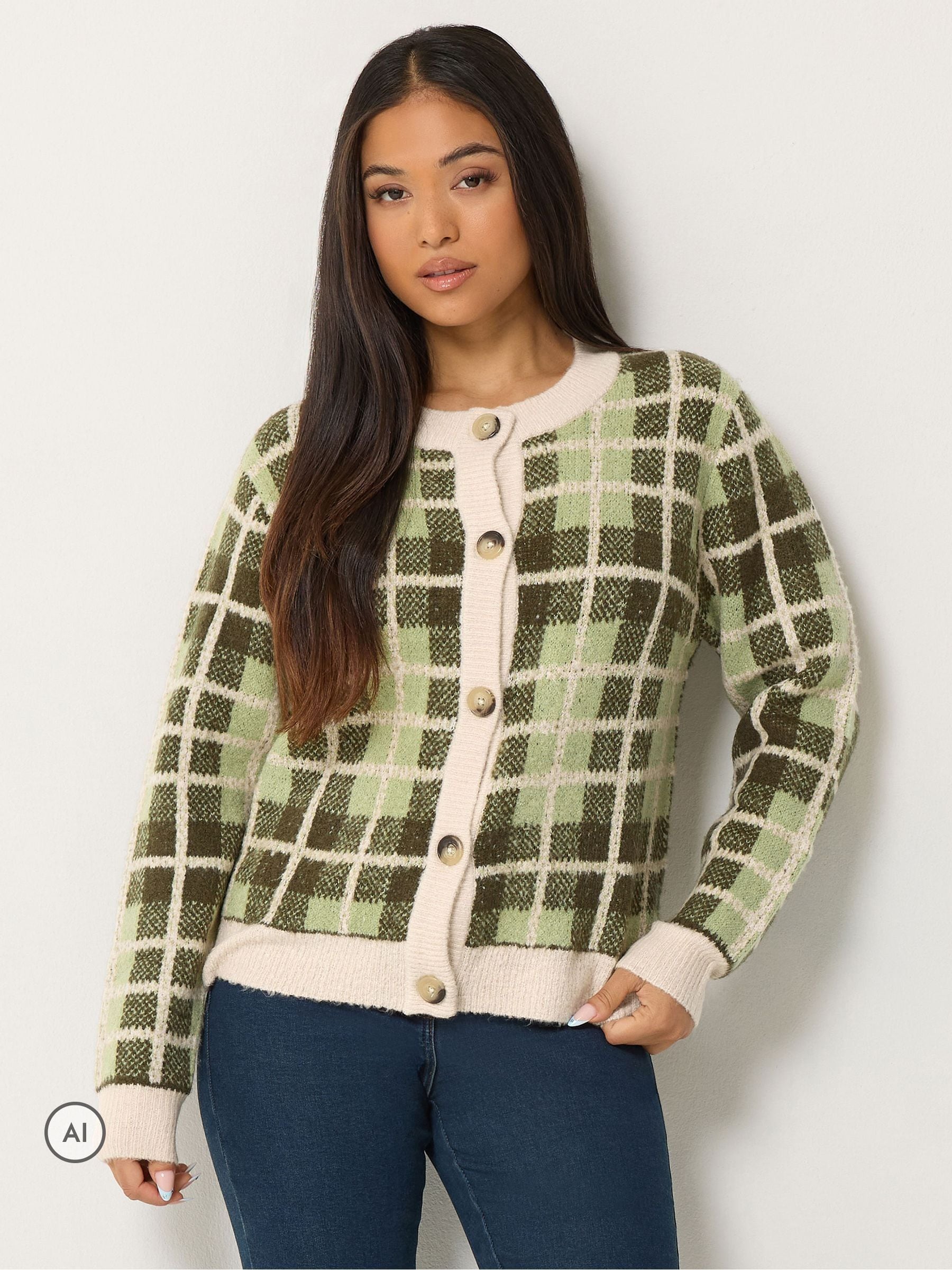 M&Co Women's Light Green Petite Check Cardigan Sweater In | : 8/10 - Image 1