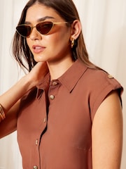 Friends Like These Rust Red Petite Short Sleeve Button Detail Utility Dress - Image 3 of 4