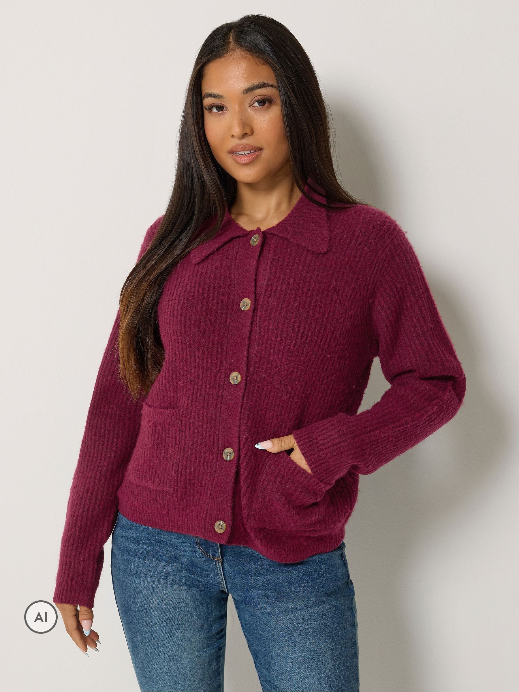 M&Co Women's Dark Red Petite Button Up Front Pocket Cardigan In | Size: 8-10 - Image 3