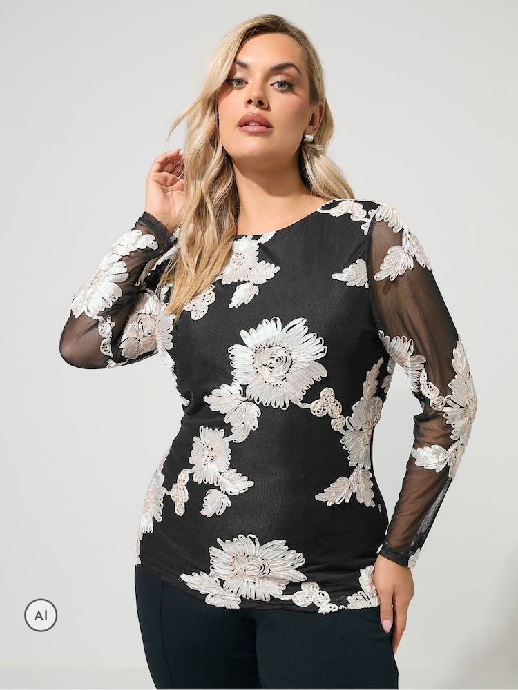 Yours Curve Black London Monochrome Floral Mesh Top - Image 1 of 6