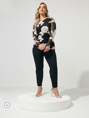 Yours Curve Black London Monochrome Floral Mesh Top - Image 2 of 6