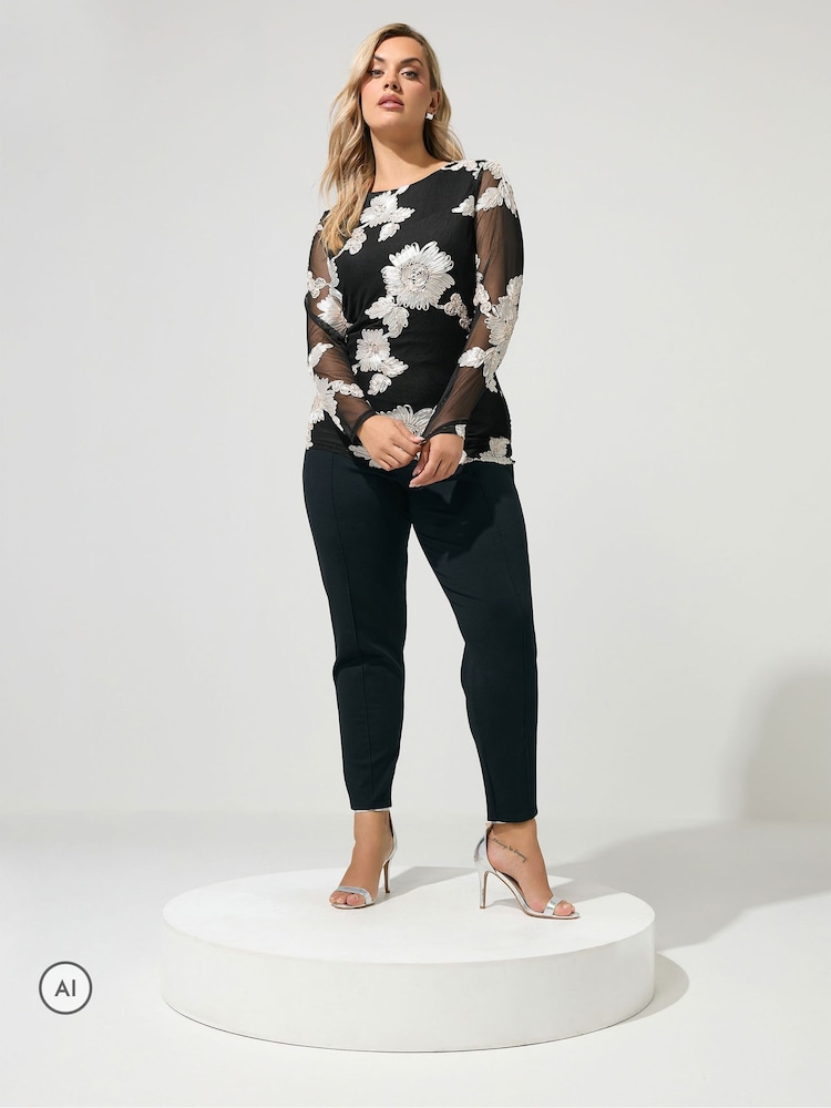 Yours Curve Black London Monochrome Floral Mesh Top - Image 2 of 6