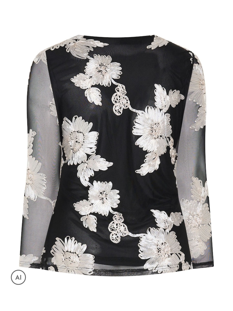 Yours Curve Black London Monochrome Floral Mesh Top - Image 6 of 6