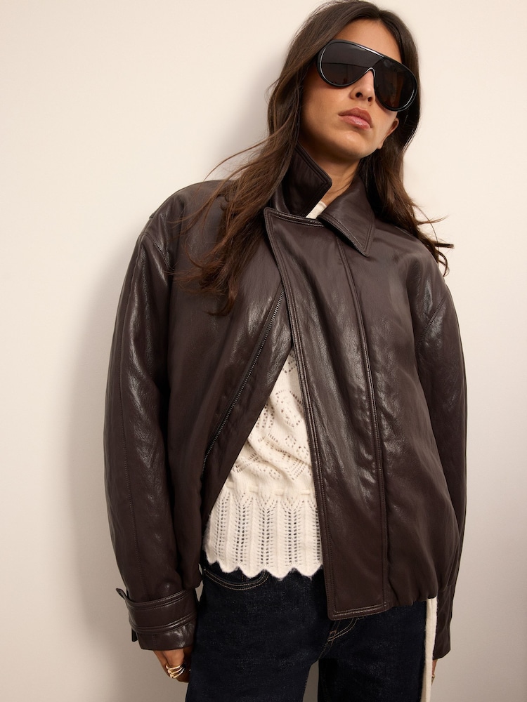 BHOEM Brown Faux Leather Padded Shirt Collar Bomber Jacket - Image 1 of 6 BHOEM Brown Faux Leather Padded Shirt Collar Bomber Jacket - Image 1 of 6