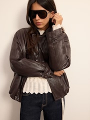 BHOEM Brown Faux Leather Padded Shirt Collar Bomber Jacket - Image 2 of 6