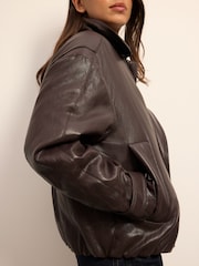 BHOEM Brown Faux Leather Padded Shirt Collar Bomber Jacket - Image 3 of 6