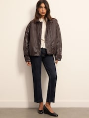 BHOEM Brown Faux Leather Padded Shirt Collar Bomber Jacket - Image 4 of 6