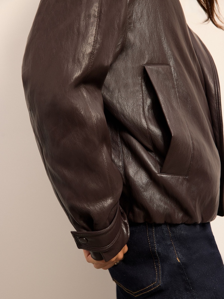 BHOEM Brown Faux Leather Padded Shirt Collar Bomber Jacket - Image 6 of 6 BHOEM Brown Faux Leather Padded Shirt Collar Bomber Jacket - Image 6 of 6