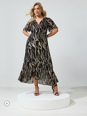 Yours Curve Black London Metallic Ruffle Wrap Dress - Image 1 of 6