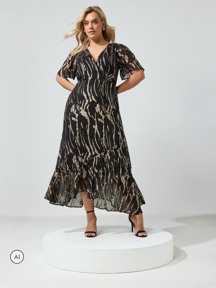 Yours Curve Black London Metallic Ruffle Wrap Dress - Image 1 of 6 Yours Curve Black London Metallic Ruffle Wrap Dress - Image 1 of 6