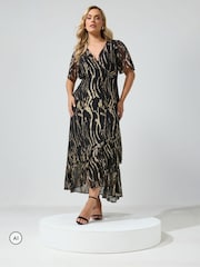 Yours Curve Black London Metallic Ruffle Wrap Dress - Image 2 of 6