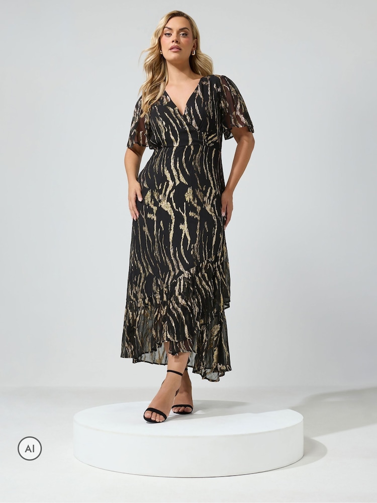Yours Curve Black London Metallic Ruffle Wrap Dress - Image 2 of 6 Yours Curve Black London Metallic Ruffle Wrap Dress - Image 2 of 6
