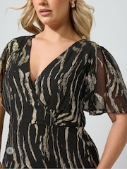 Yours Curve Black London Metallic Ruffle Wrap Dress - Image 4 of 6