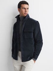 Reiss Navy Colins Corduroy Button-Through Overshirt - Image 1 of 4