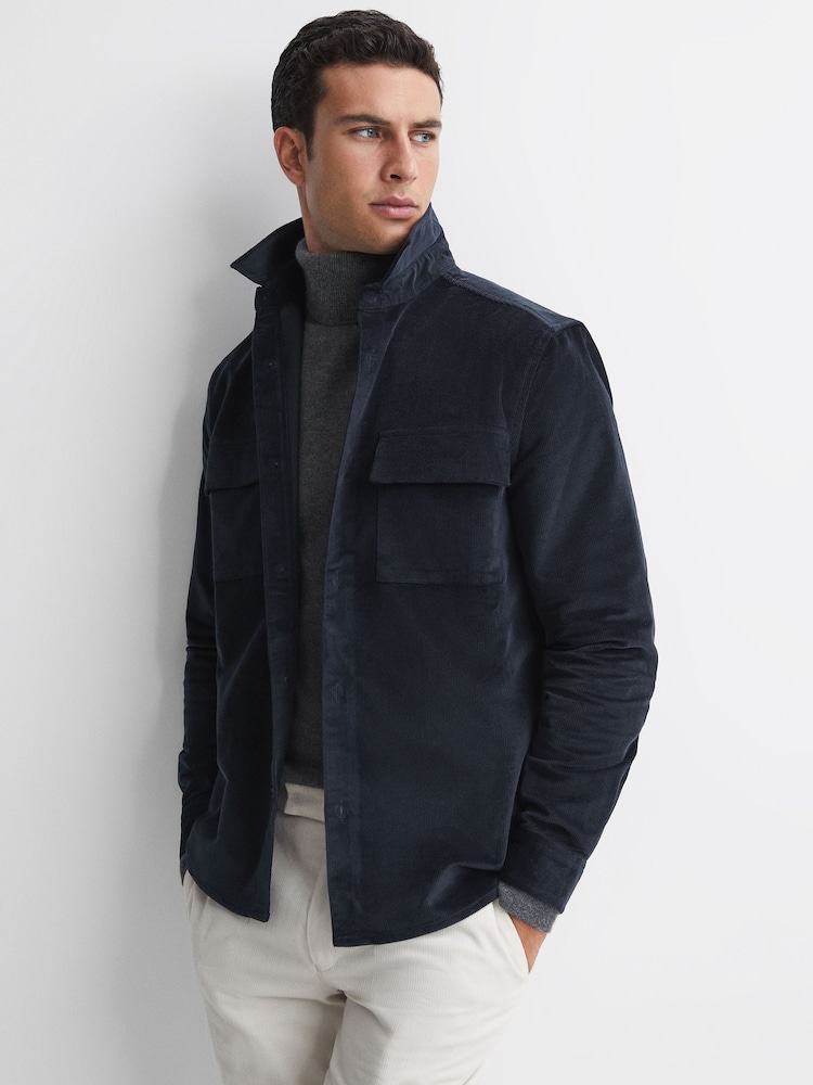 Reiss Navy Colins Corduroy Button-Through Overshirt - Image 1 of 4