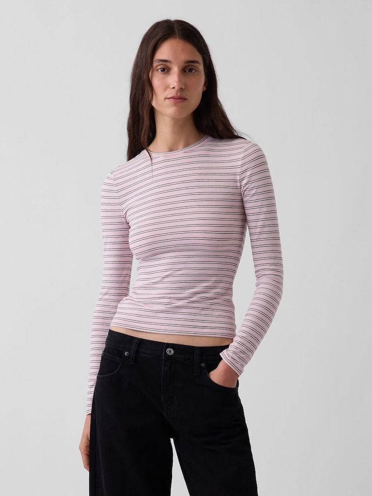 Gap Pink Stripe Close Knit Jersey Long Sleeve T-Shirt - Image 1 of 4