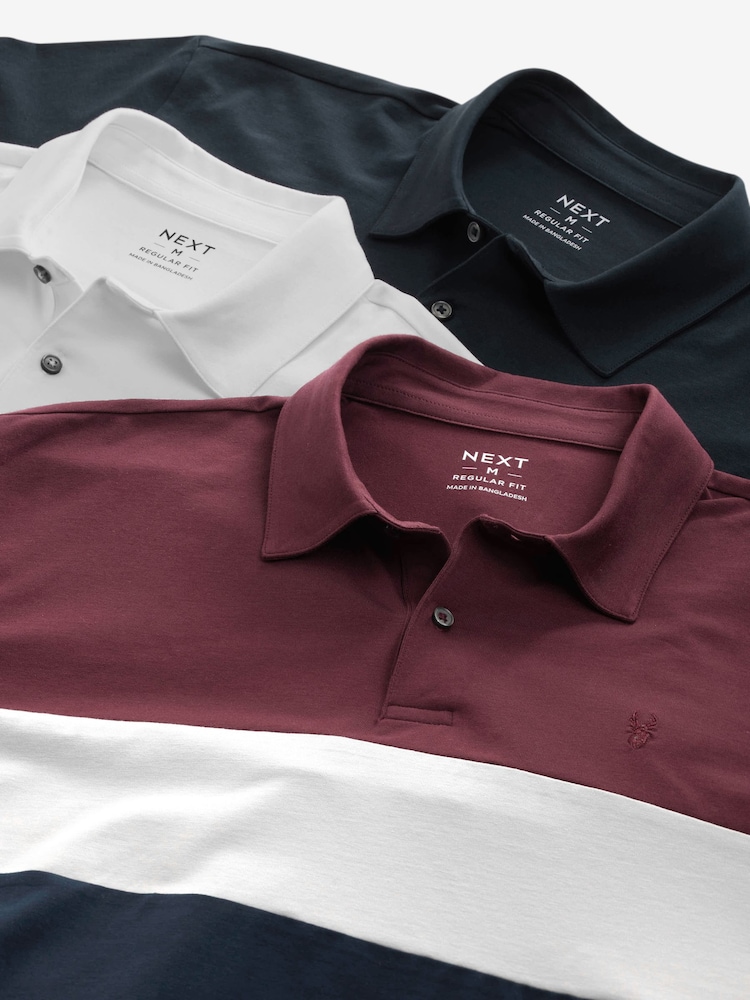Marine & Fauve/Bordeaux & Marine/Blanc - Ajustement régulier - Polo en jersey Manches courtes 3 Pack - Image 5 of 6