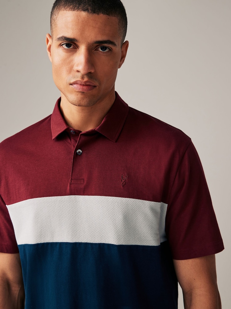 Burgundy Red/Navy 100% Cotton Short Sleeve Button Up Block Polo Shirt - Image 1 of 8