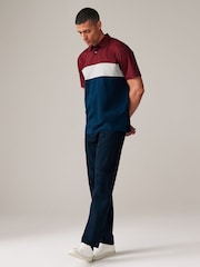 Burgundy Red/Navy 100% Cotton Short Sleeve Button Up Block Polo Shirt - Image 2 of 8