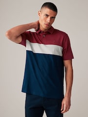Burgundy Red/Navy 100% Cotton Short Sleeve Button Up Block Polo Shirt - Image 3 of 8