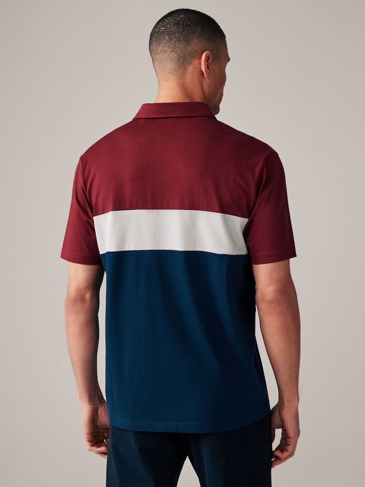 Burgundy Red/Navy 100% Cotton Short Sleeve Button Up Block Polo Shirt - Image 4 of 8