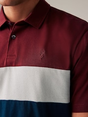 Burgundy Red/Navy 100% Cotton Short Sleeve Button Up Block Polo Shirt - Image 5 of 8