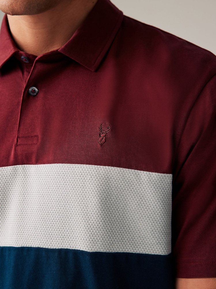 Burgundy Red/Navy 100% Cotton Short Sleeve Button Up Block Polo Shirt - Image 5 of 8