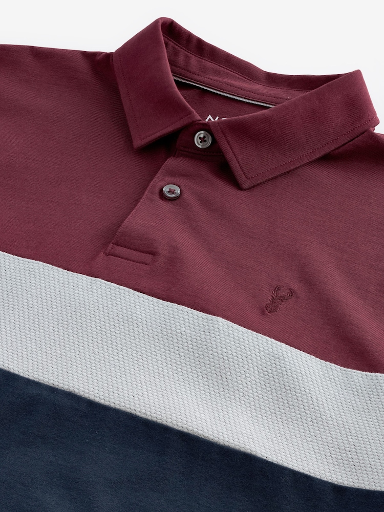Burgundy Red/Navy 100% Cotton Short Sleeve Button Up Block Polo Shirt - Image 7 of 8