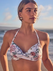 White Photographic Floral Padded Wired Plunge Bikini Top - Image 1 of 6