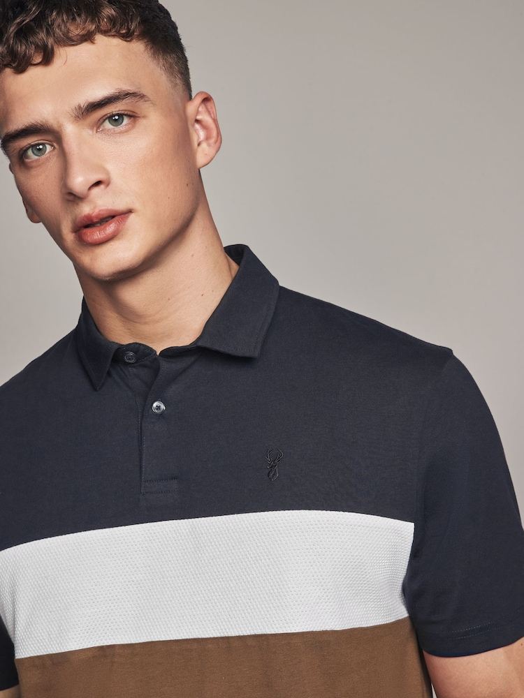 Navy/Tan Brown 100% Cotton Short Sleeve Button Up Block Polo Shirt - Image 1 of 7