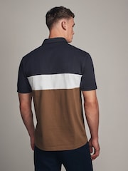 Navy/Tan Brown 100% Cotton Short Sleeve Button Up Block Polo Shirt - Image 2 of 7