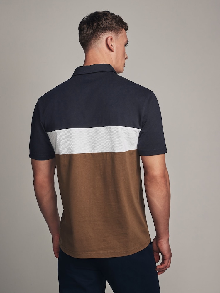 Navy/Tan Brown 100% Cotton Short Sleeve Button Up Block Polo Shirt - Image 2 of 7
