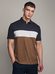 Navy/Tan Brown 100% Cotton Short Sleeve Button Up Block Polo Shirt - Image 3 of 7