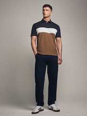 Navy/Tan Brown 100% Cotton Short Sleeve Button Up Block Polo Shirt - Image 4 of 7