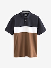 Navy/Tan Brown 100% Cotton Short Sleeve Button Up Block Polo Shirt - Image 5 of 7