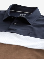 Navy/Tan Brown 100% Cotton Short Sleeve Button Up Block Polo Shirt - Image 6 of 7