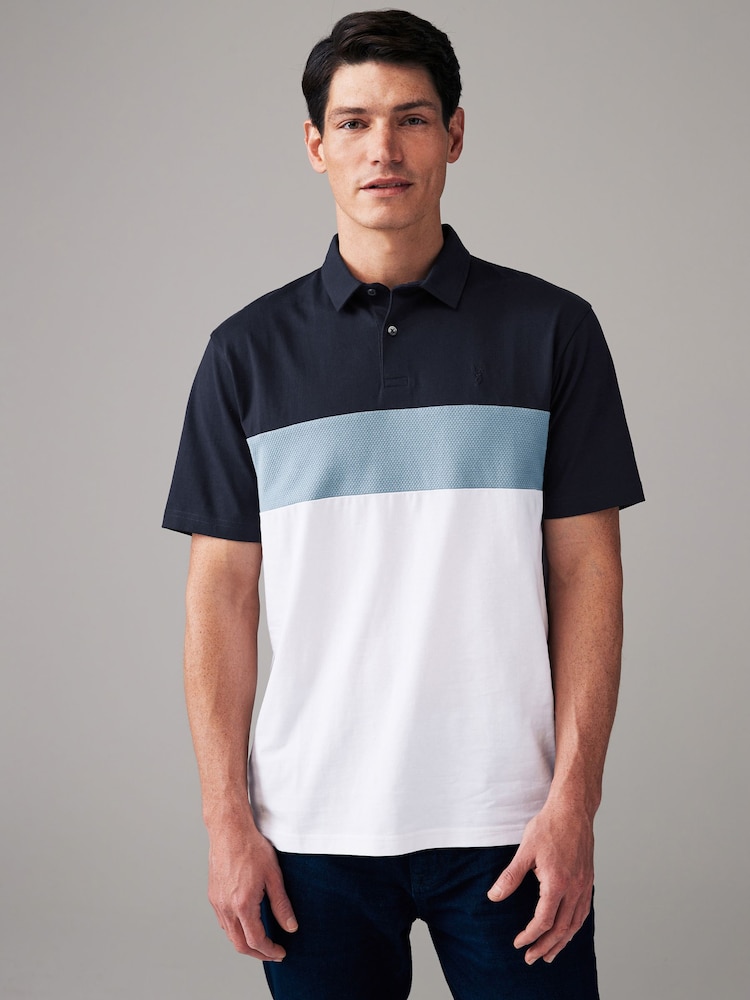 Bleu/Blanc - 100% Coton Manches courtes Polo bloc boutonné - Image 3 of 8