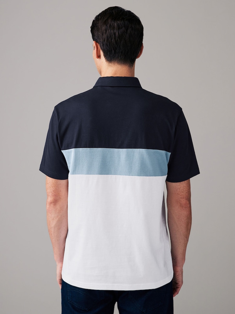 Bleu/Blanc - 100% Coton Manches courtes Polo bloc boutonné - Image 4 of 8