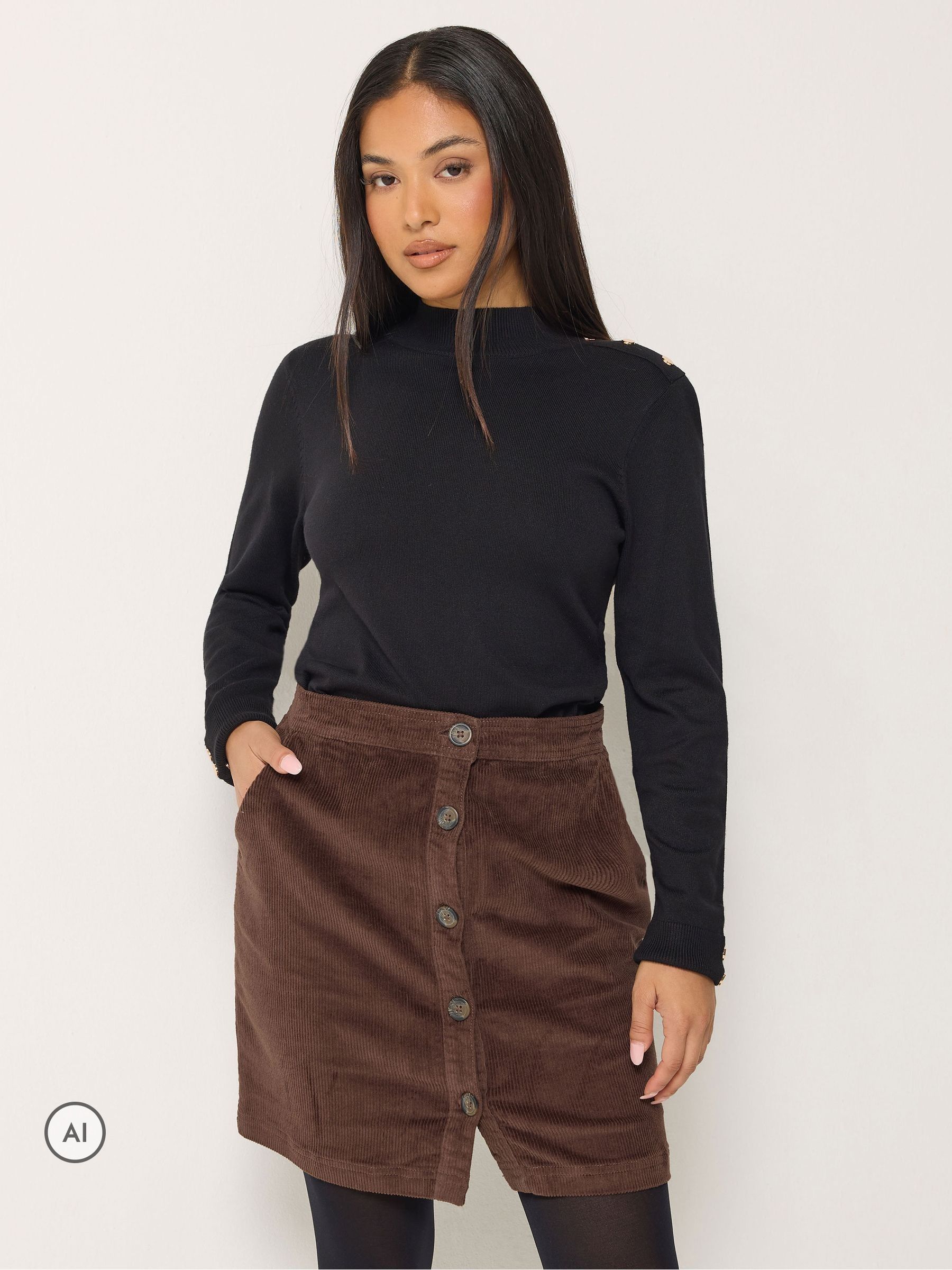 M & Co Women's Brown Petite Button Front Cotton Corduroy Mini Skirt - Image 1