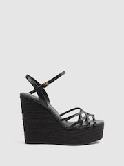 Reiss Black Elle Leather Raffia Platform Wedge Heels - Image 1 of 5