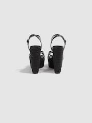 Reiss Black Elle Leather Raffia Platform Wedge Heels - Image 4 of 5