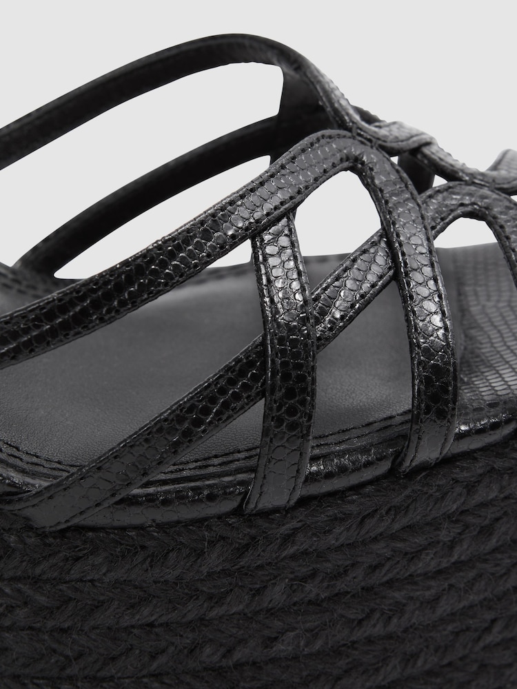 Reiss Black Elle Leather Raffia Platform Wedge Heels - Image 5 of 5