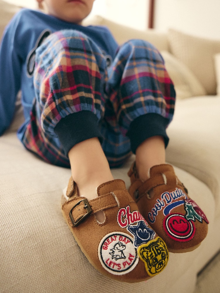 Tan Brown Varsity Badge Faux Fur Lined Clog Slippers - Image 1 of 7